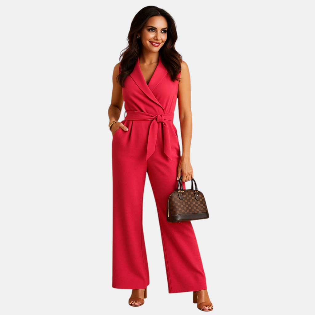 Elegante dames jumpsuit met wikkelstijl, getailleerde pasvorm en wijde pijpen, ideaal voor zakelijke of formele gelegenheden.