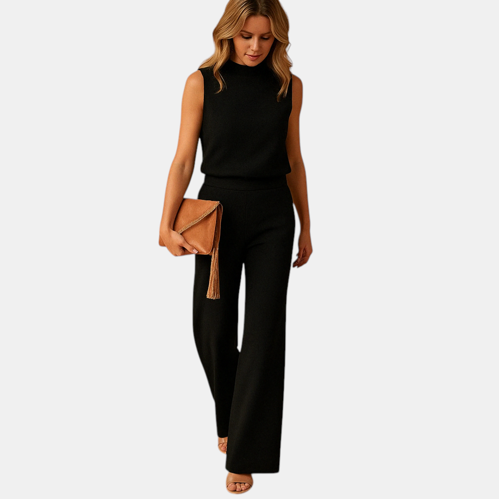 Dames jumpsuit met ronde hals, middentaille en wijde pijpen, ideaal voor werk, avondjes uit en elegante gelegenheden.
