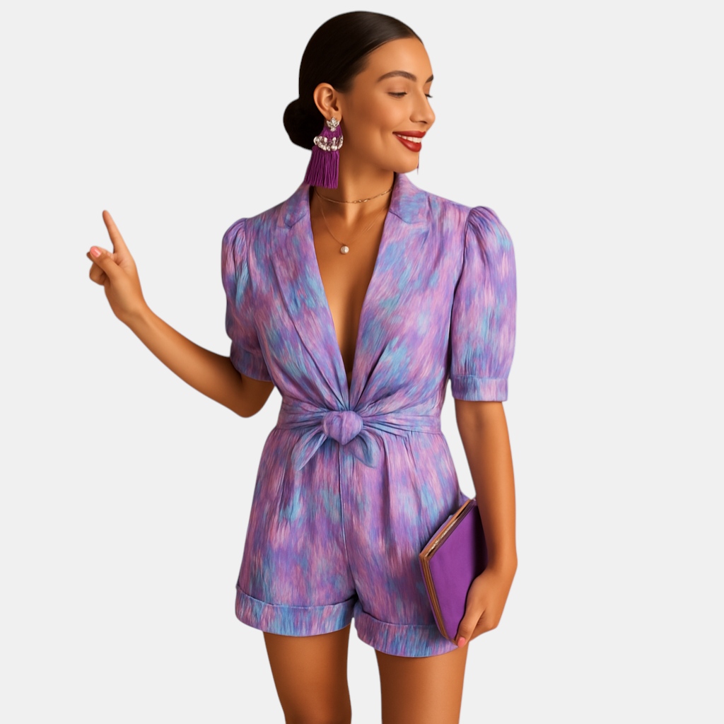 Dames zomerjumpsuit met levendige print, korte broek en taille-accentuerende riem, perfect voor warme dagen en casual gelegenheden.