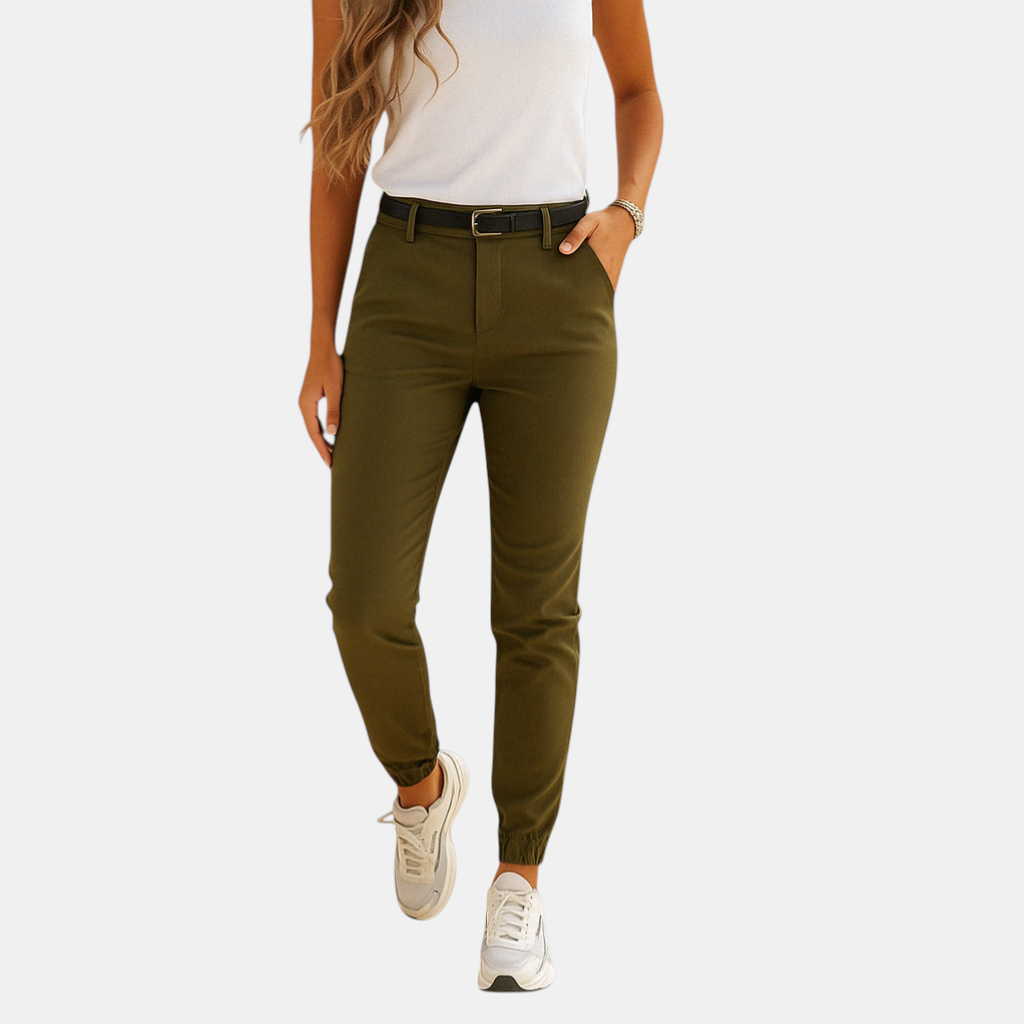Dames chino broek met slim fit en stretch, verkrijgbaar in zwart, khaki en legergroen, perfect voor werk of casual outfits.