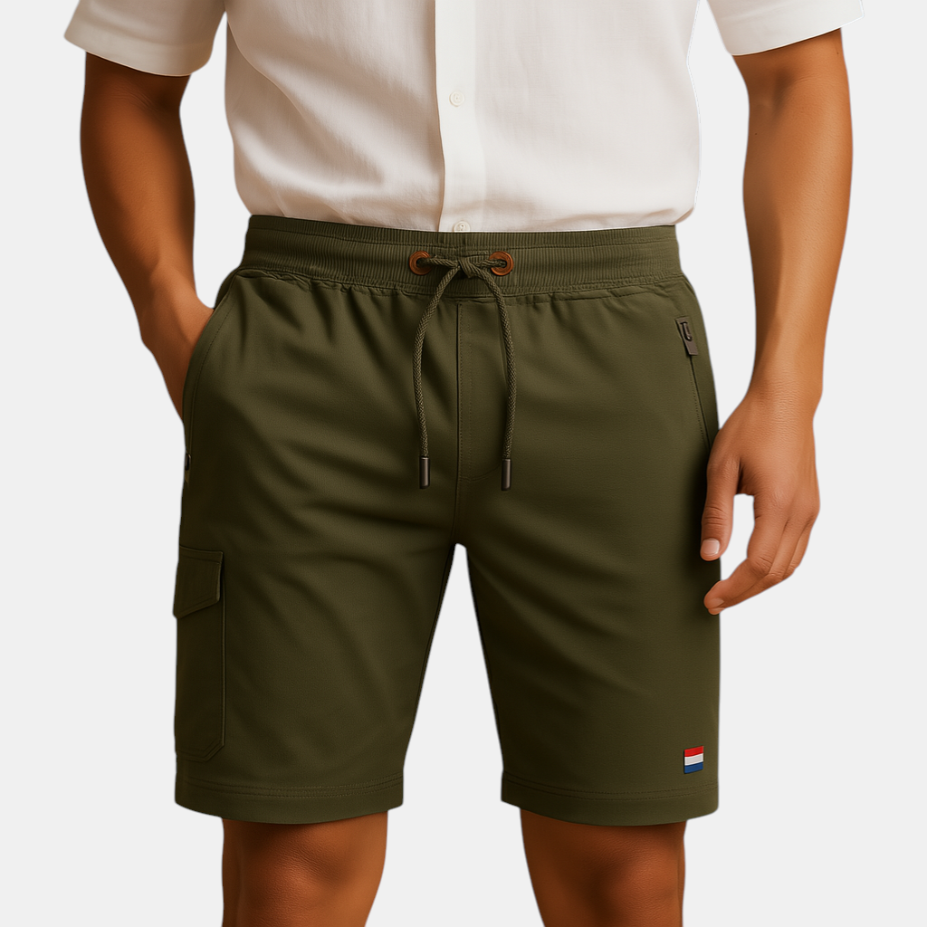 Elegantly designed sportive men's shorts with breathable fabric, multiple pockets, and elastic waistband, perfect for travel