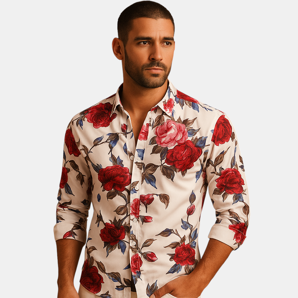 Heren bloemenoverhemd met moderne pasvorm en opvallende print in zwart, blauw of rood – perfect voor casual en semi-formele outfits.