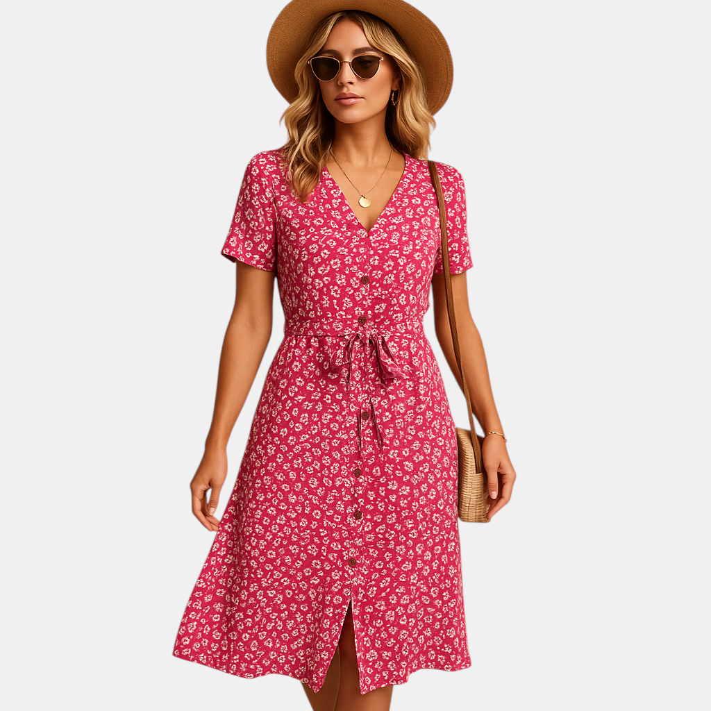Luchtige dames midi-jurk met bloemenprint en korte mouwen, perfect voor zomer, feestjes en casual gelegenheden