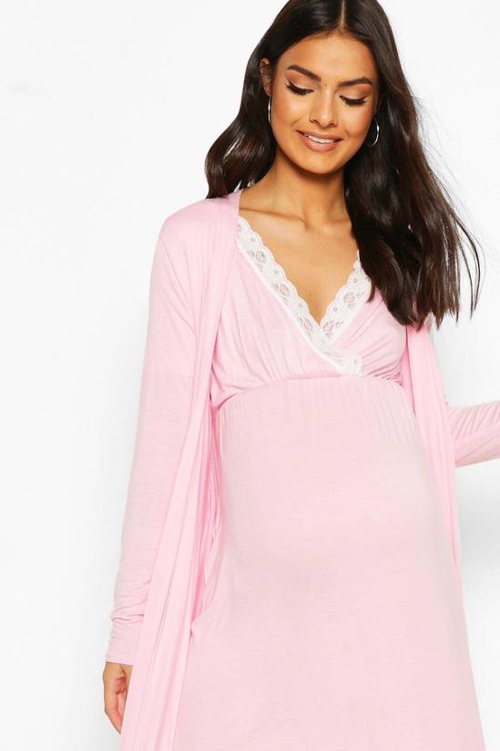 Glamorous pregnancy sleepwear set featuring a stylish night dress and a soft, luxurious bathrobe