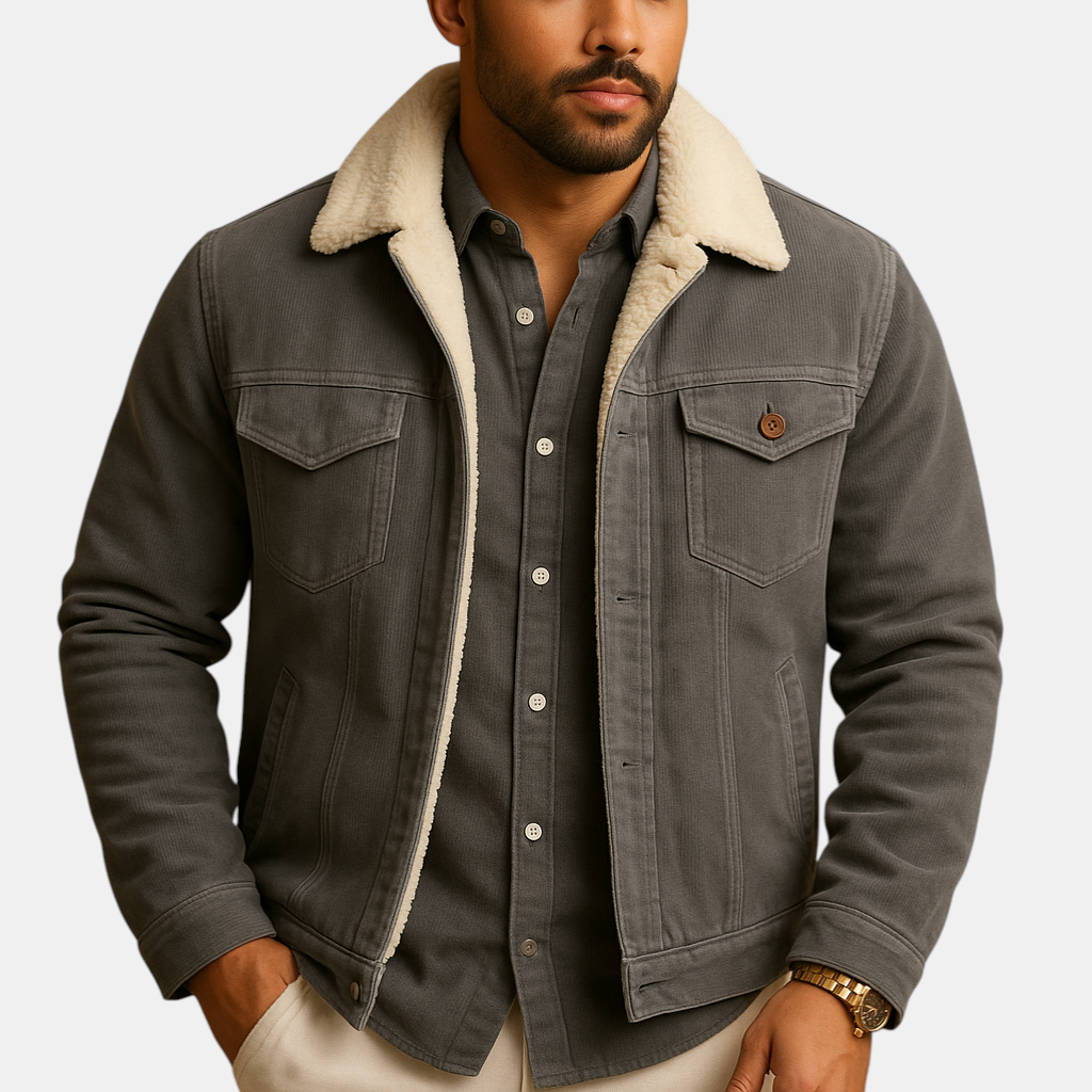 Heren corduroy jas met zachte stof en slanke pasvorm in neutrale kleuren, geschikt voor casual en formele gelegenheden.
