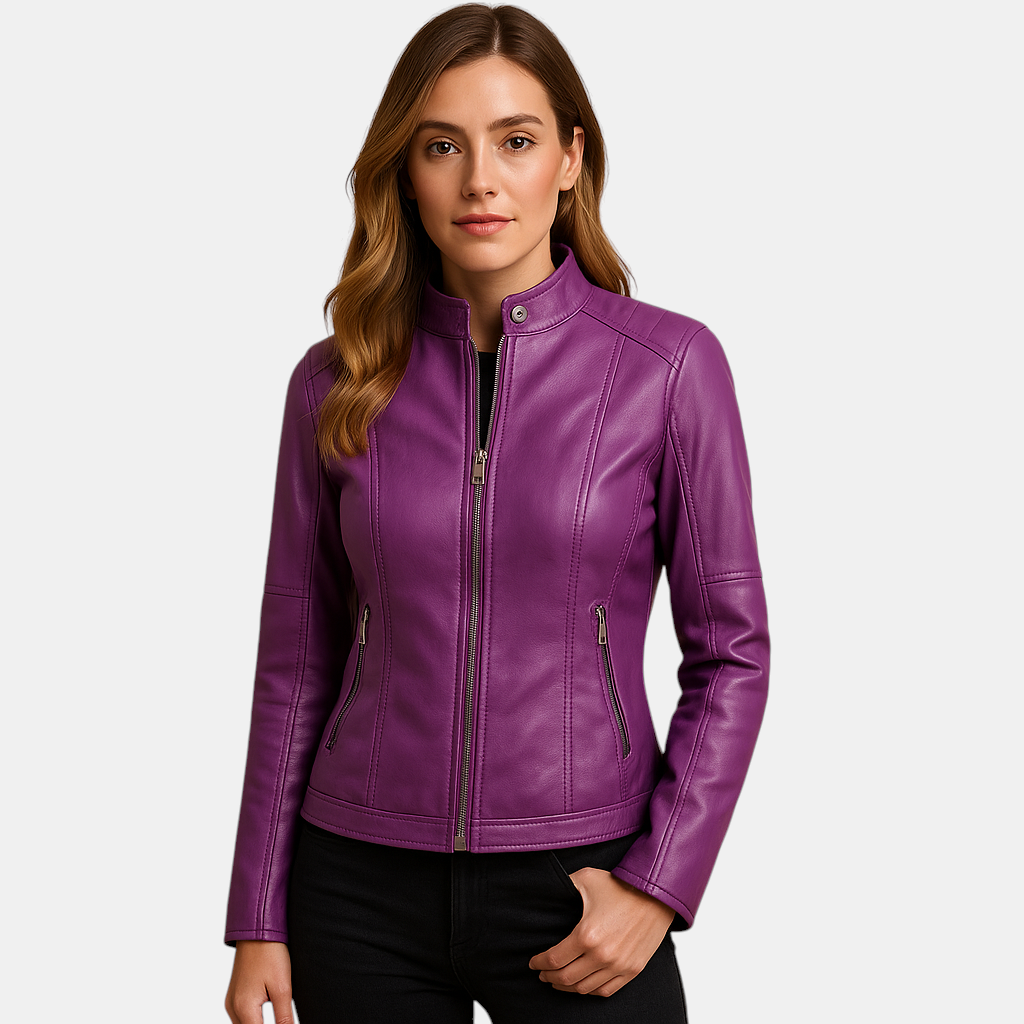 Elegante damesjas met symmetrische ritssluiting en kraag met drukknopen, ideaal voor stijlvolle outfits in herfst en lente.
