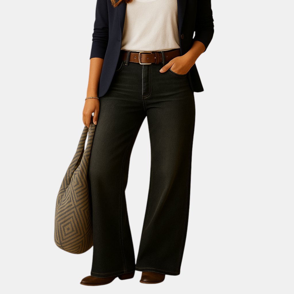 Elegante rechte damesbroek in blauw en grijs, perfect voor formele gelegenheden, werk en casual chique outfits.