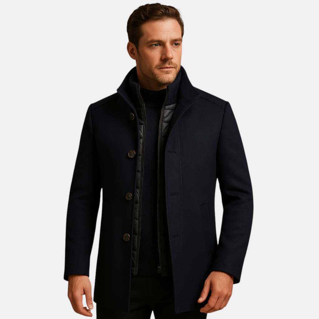 Elegante wollen jas voor heren met single-breasted pasvorm, mandarin kraag en hoogwaardige wolmix, perfect voor koude herfst- en winterdagen.