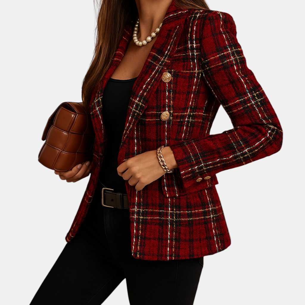 Geruite damesblazer met double-breasted design en lange mouwen, perfect voor zakelijke of casual looks.