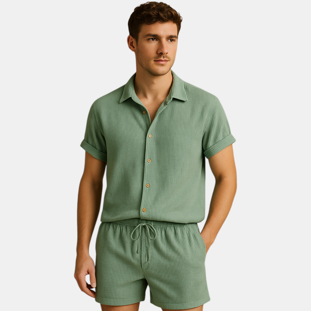 Zomerset voor heren met gestreept overhemd en comfortabele short in vrolijke kleuren, perfect voor zomerdagen en informele gelegenheden.