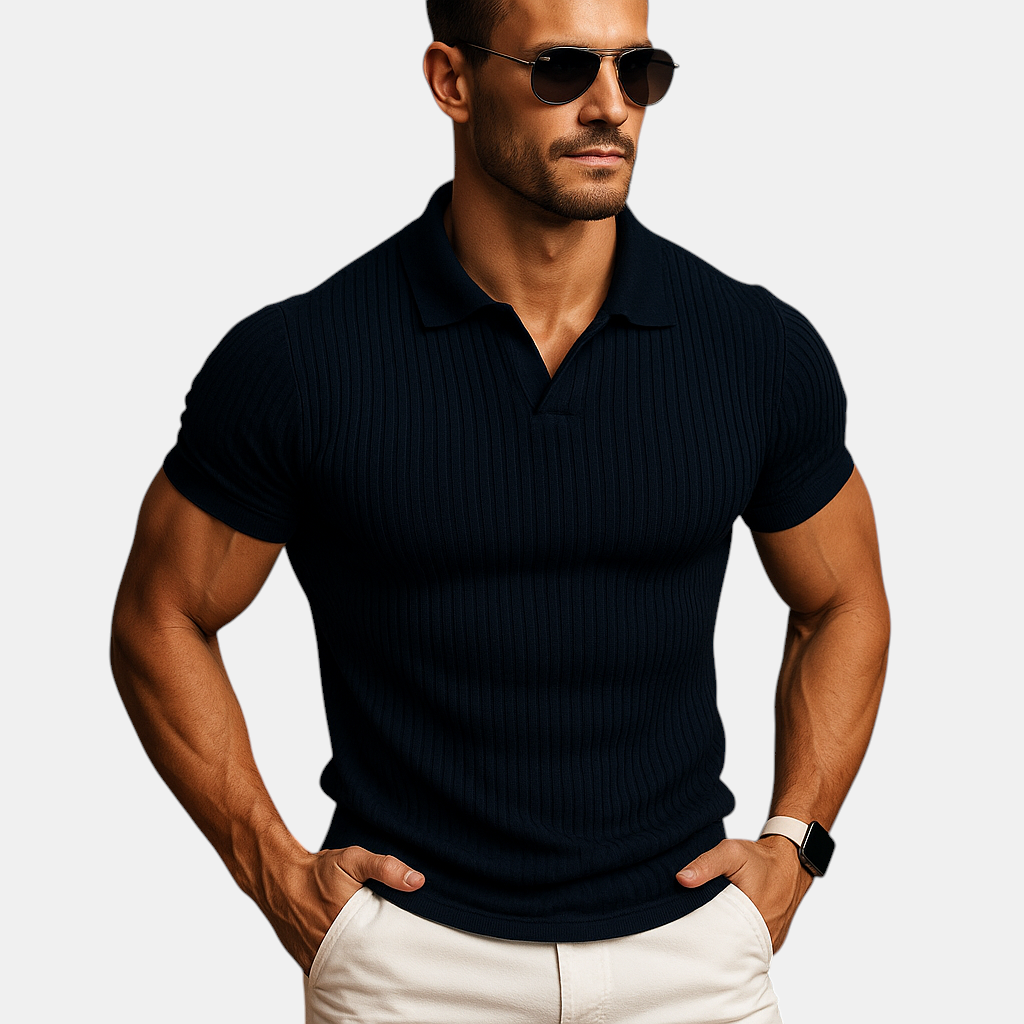 Premium men's polo shirt with V-neck, slim fit, and short sleeves for a luxurious casual feel.
