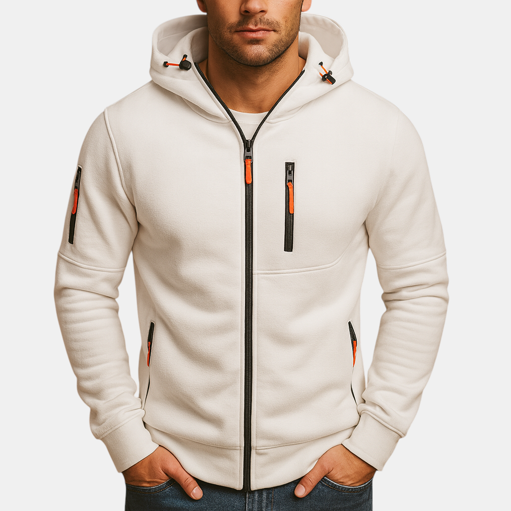 Heren hoodie met rits en capuchon, verkrijgbaar in meerdere kleuren. Comfortabel en veelzijdig voor casual en sportieve outfits in de herfst en winter.