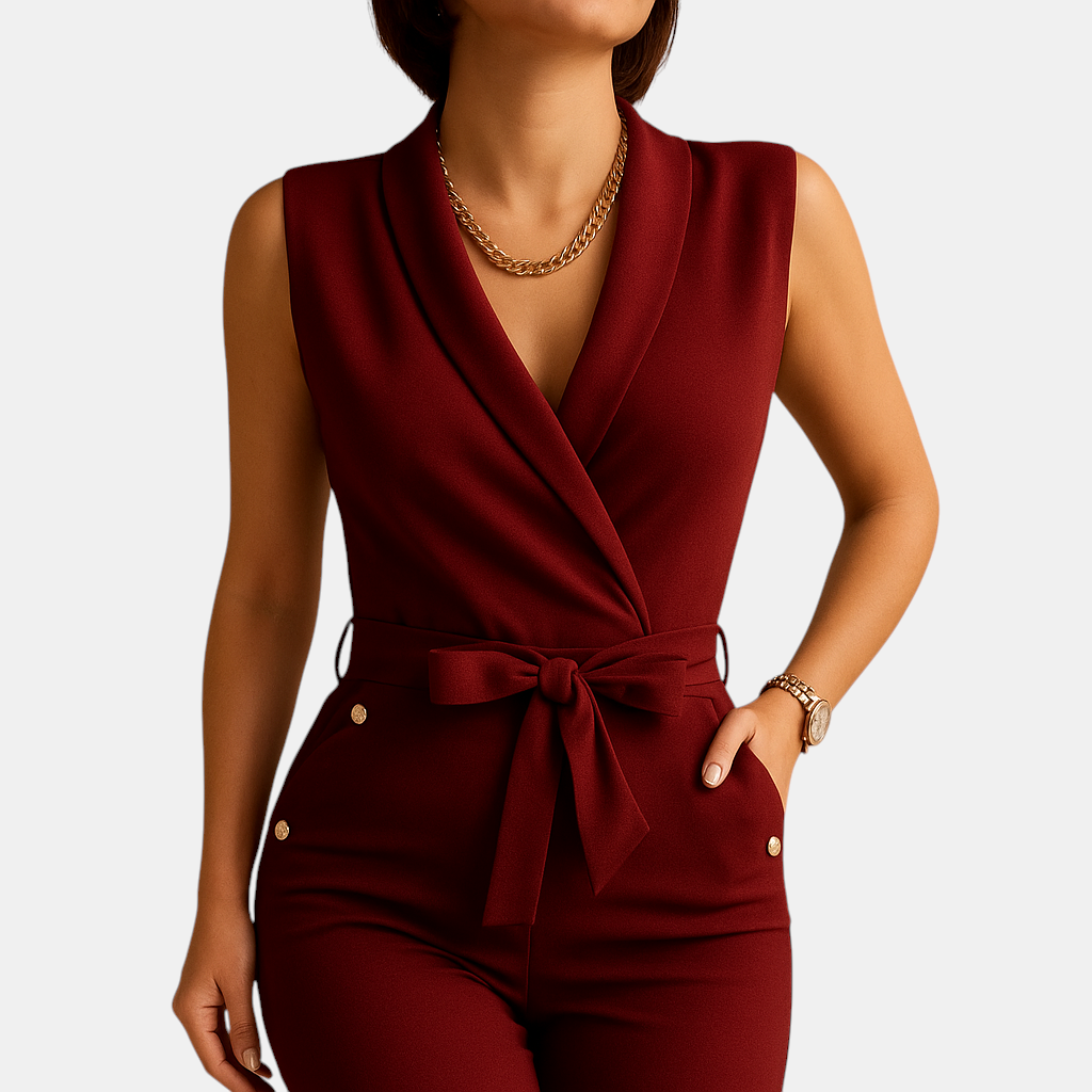 Elegante dames jumpsuit met diepe V-hals en taille-strik, perfect voor avondjes uit en formele gelegenheden.