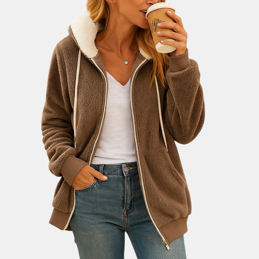 Lang fleece damesvest met capuchon en open voorkant, perfect voor herfstlagen, loungen of casual gebruik