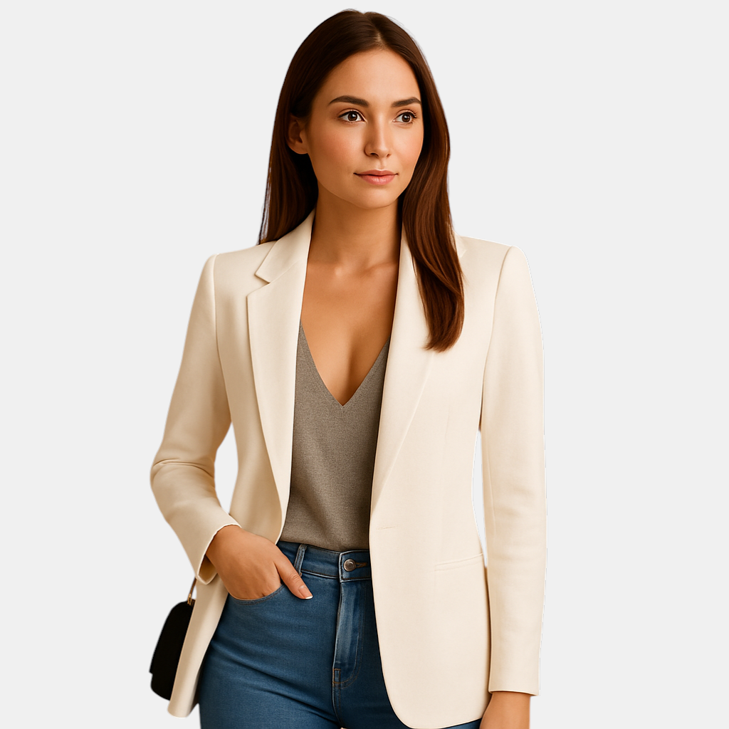Elegante lange blazer voor dames met verlengend silhouet en luxe pasvorm, geschikt voor werk, casual en formele gelegenheden.