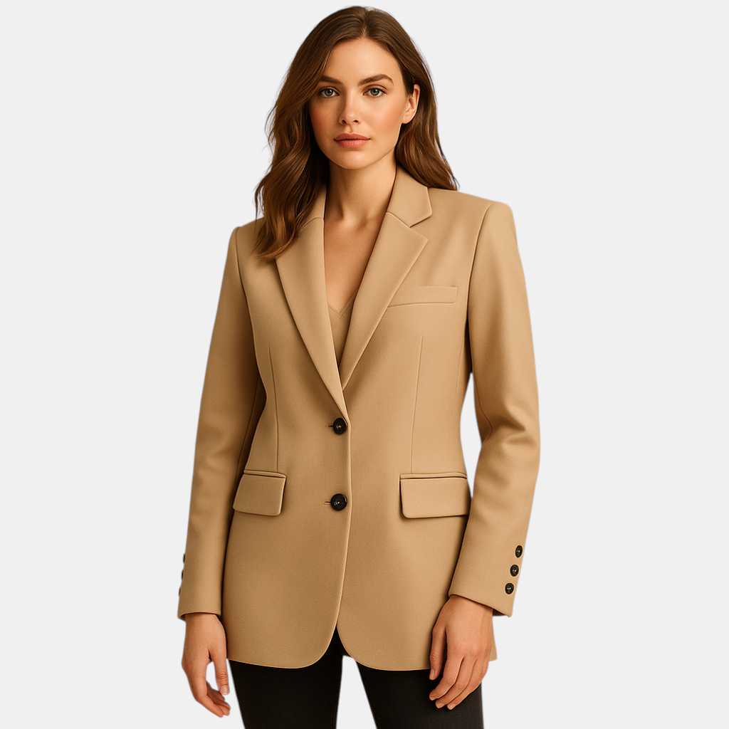 Lange elegante damesblazer in klassiek design met moderne afwerking – geschikt voor werk en dagelijks gebruik