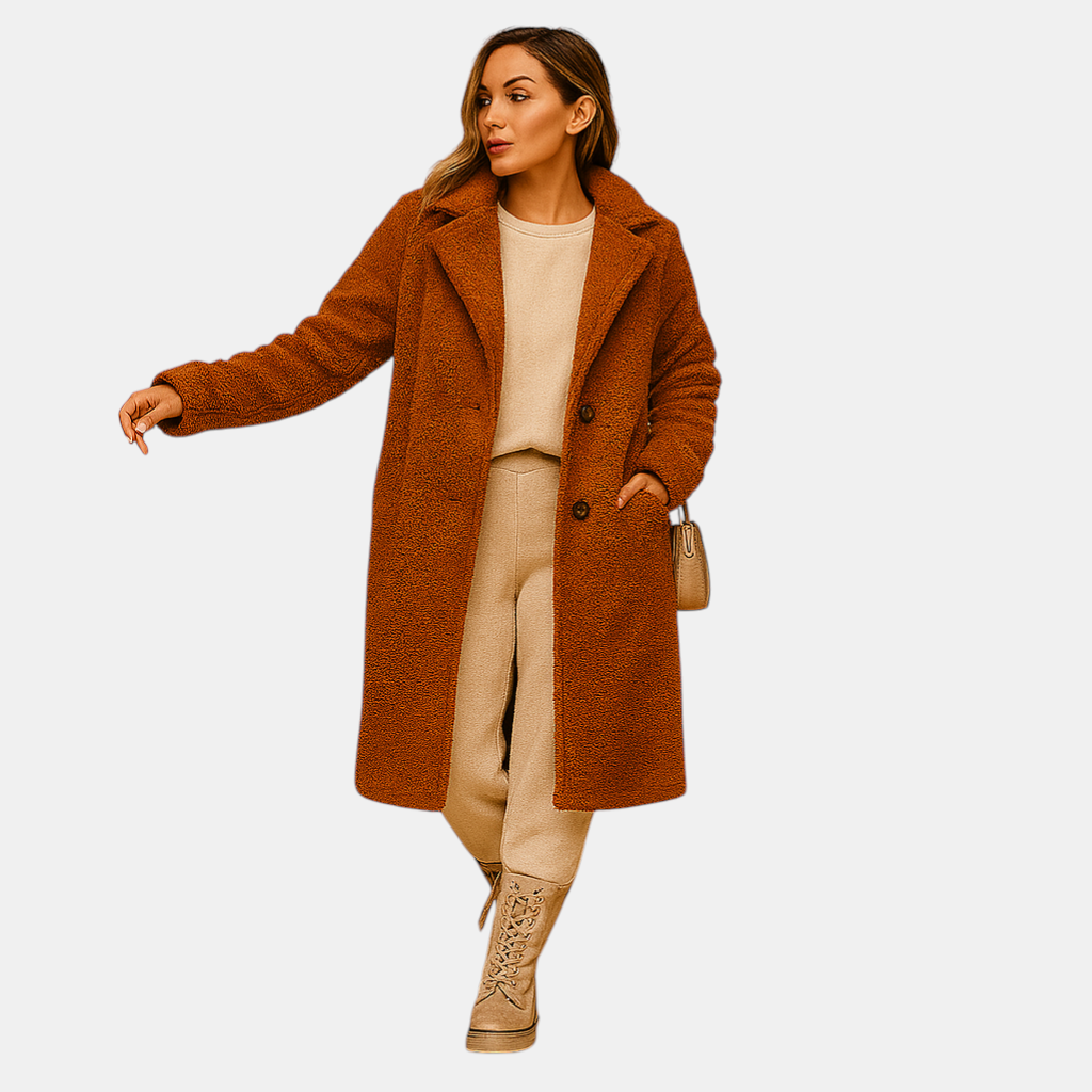 Lange teddy jas in beige voor dames van ultrazacht materiaal met elegante pasvorm, perfect voor stijlvolle en warme winterdagen.