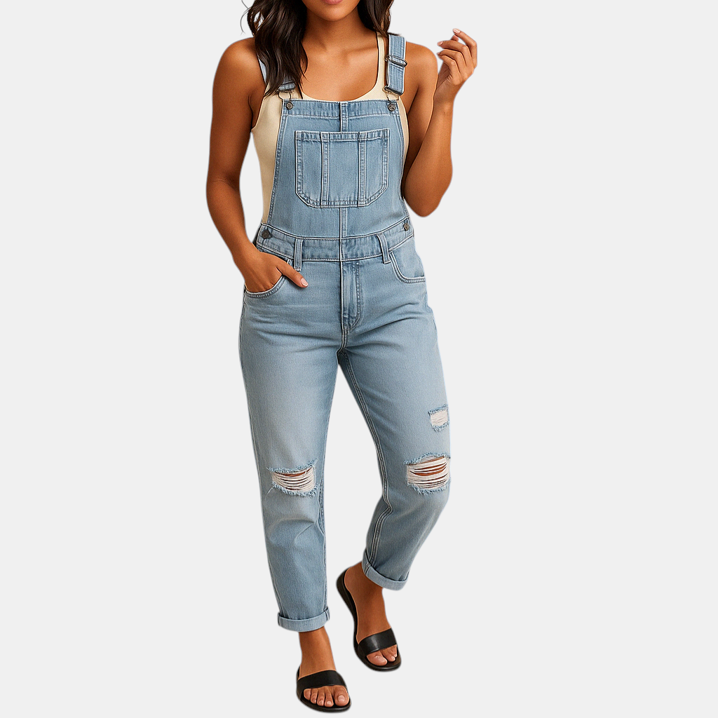 Dames denim overall met gescheurde details en verstelbare bandjes in grijs, lichtblauw en donkerblauw – ideaal voor streetwear of casual outfits