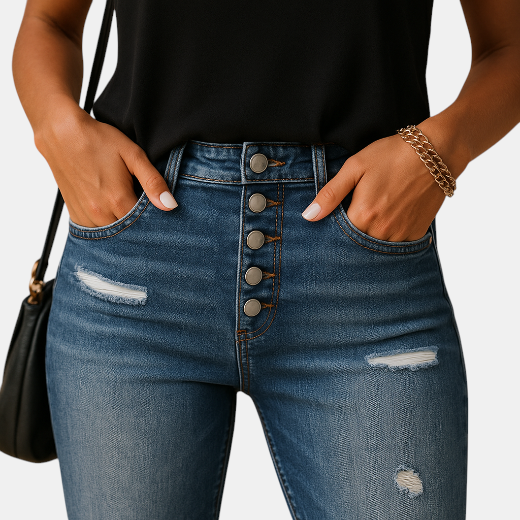 Dames slim fit jeans met ripped details, gemaakt van denim in een comfortabele stretchstof, perfect voor casual en trendy looks.