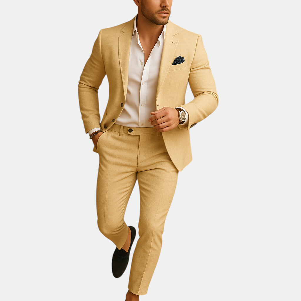 Slim fit herenpak met blazer en pantalon in diverse kleuren, perfect voor bruiloften en formele gelegenheden, met moderne pasvorm.