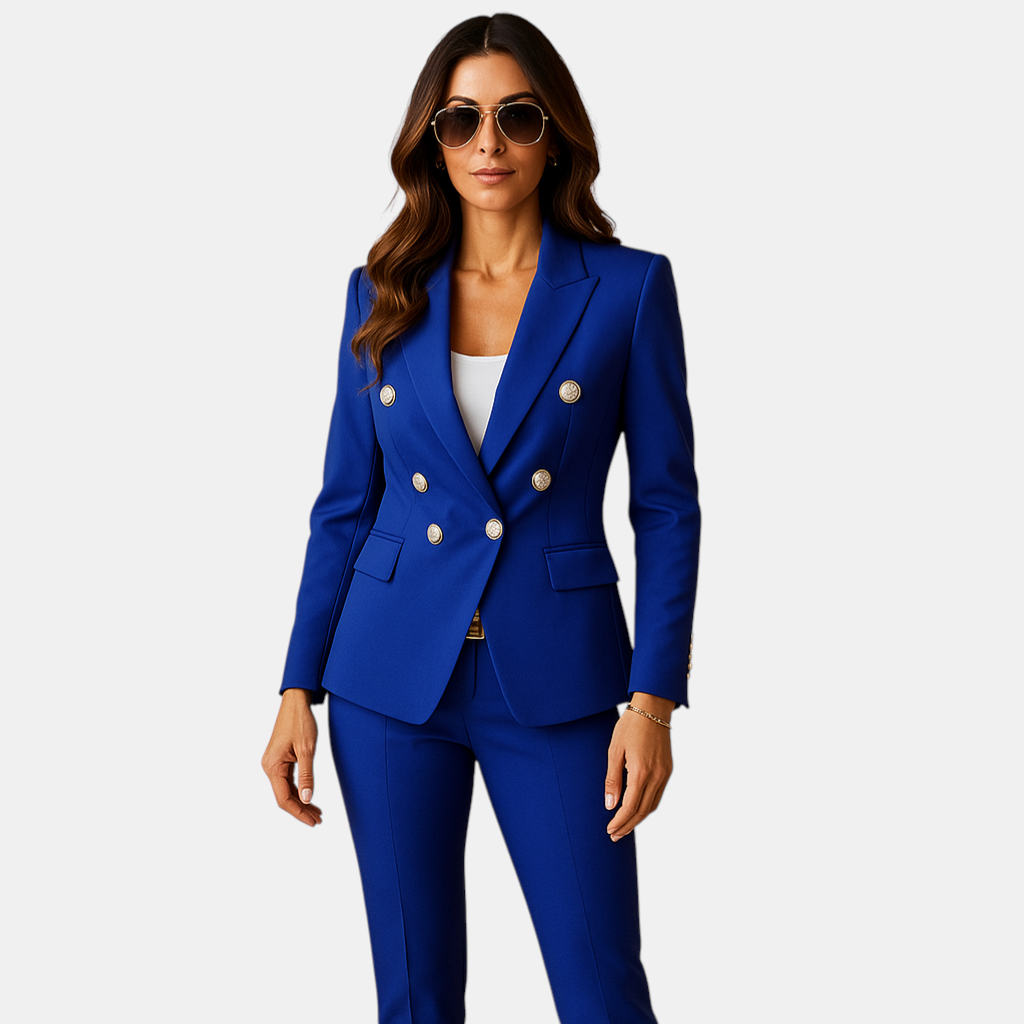 Formele damescollectie met elegante blazer pantalon set in zwart, rood of blauw voor zakelijke gelegenheden.