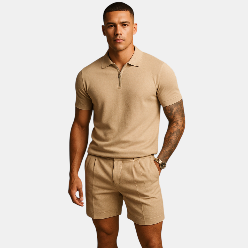 Streetwear set voor heren met ademend shirt en short in moderne stijl, perfect voor ontspannen dagen en stedelijke outfits.