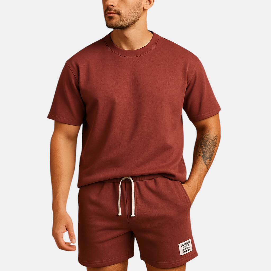Herenset met T-shirt en korte broek in minimalistisch design, perfect voor loungen, thuisgebruik of zomerse uitstapjes.