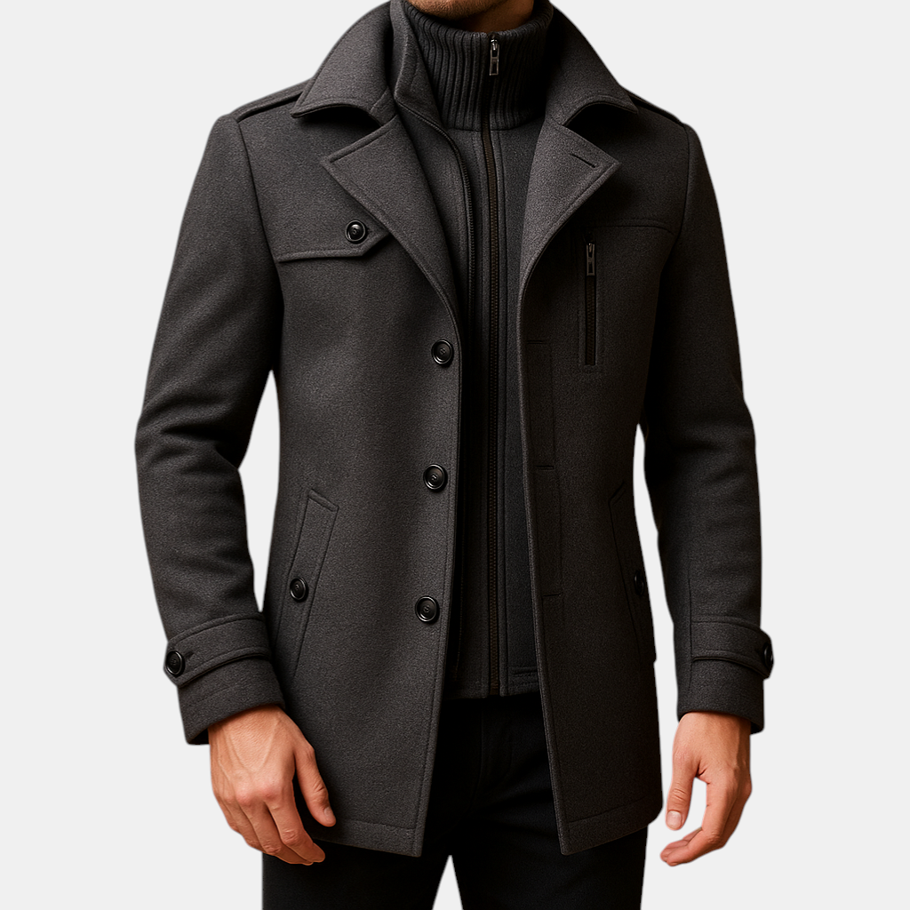 Winterjas voor heren met tweedelig ontwerp, slanke pasvorm en hoogwaardige afwerking, perfect voor formele en casual gelegenheden.