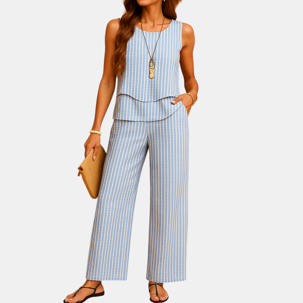 Dames zomerset met mouwloze top en ademende broek, ideaal voor warme dagen en stijlvolle momenten