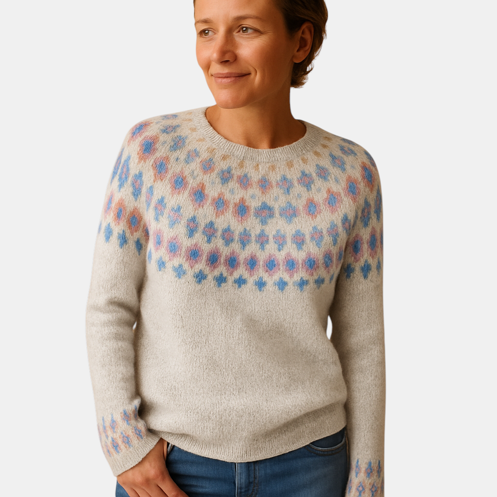 Wollen damestrui met unieke print en comfortabele pasvorm, geschikt voor casual en chique winterlooks.
