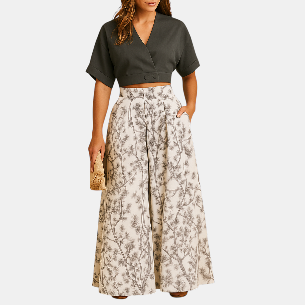 Dames tweedelige set met bloemenprint en wijde broek, luchtige outfit voor stranddagen of zomerse momenten