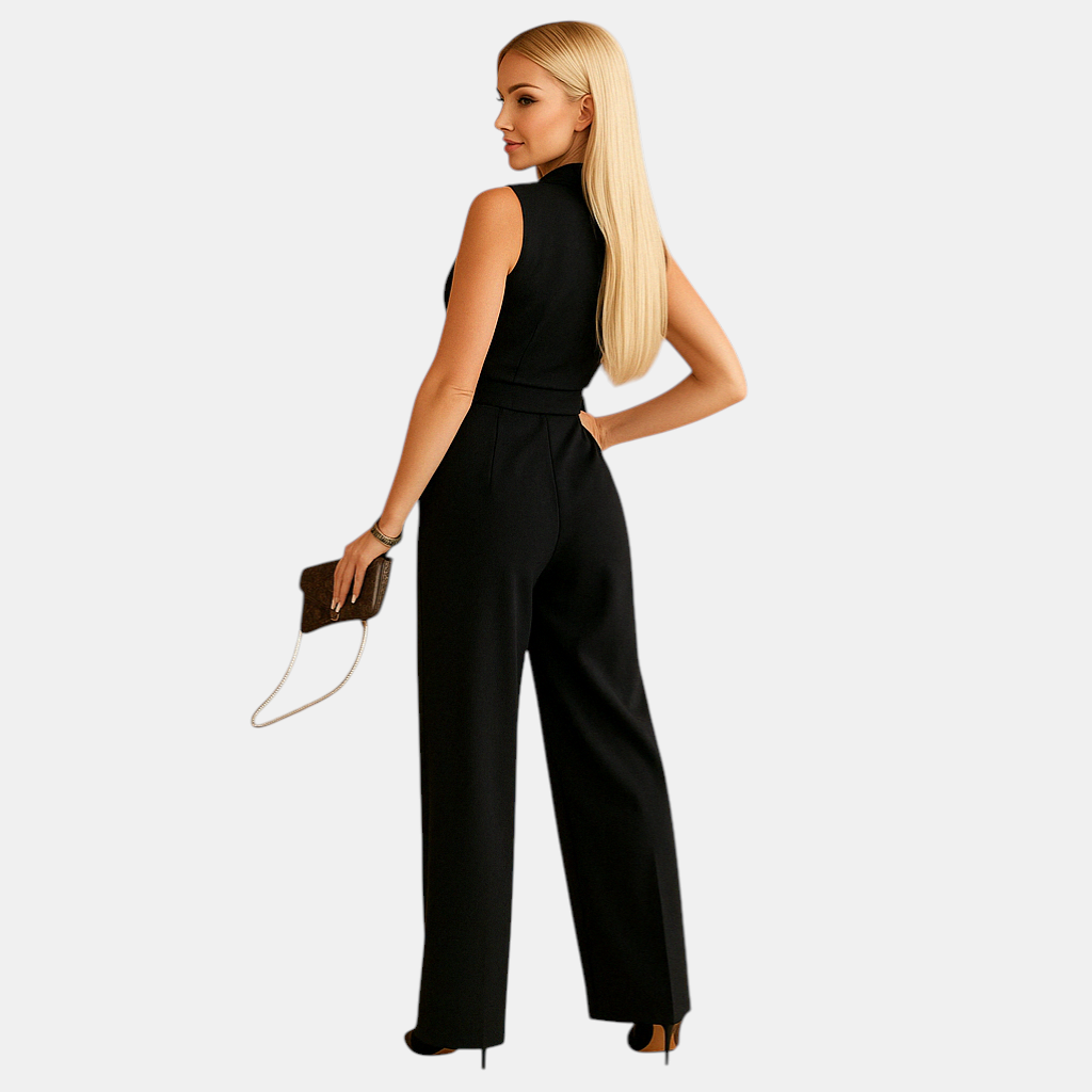 Elegante dames jumpsuit met wikkelstijl, getailleerde pasvorm en wijde pijpen, ideaal voor zakelijke of formele gelegenheden.