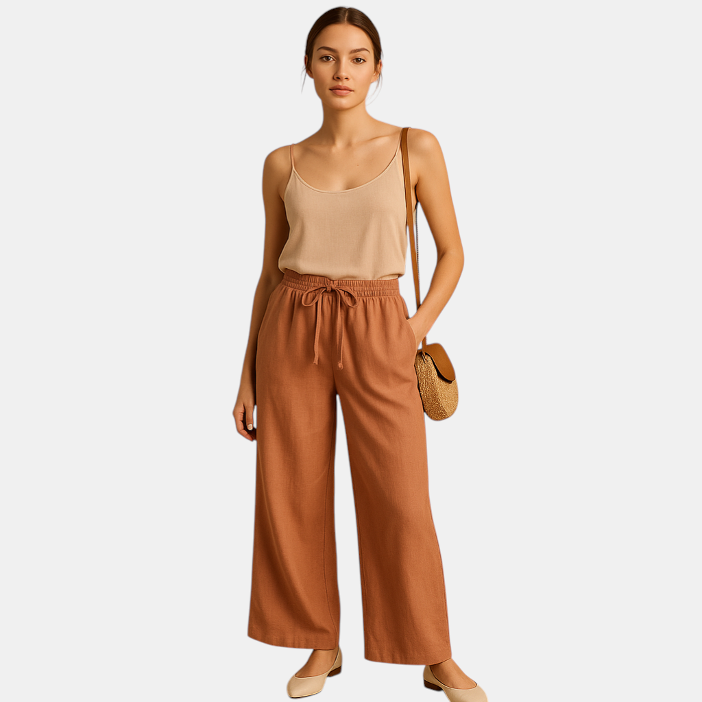 Luchtige damesbroek met elastische tailleband en losse pasvorm, geschikt voor zomerse casual of chique outfits.