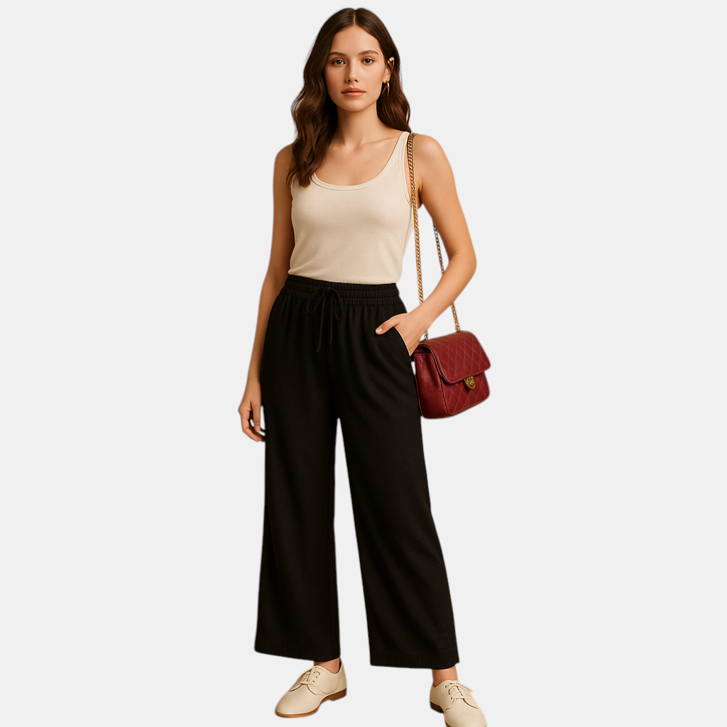 Luchtige damesbroek met elastische tailleband en losse pasvorm, geschikt voor zomerse casual of chique outfits.