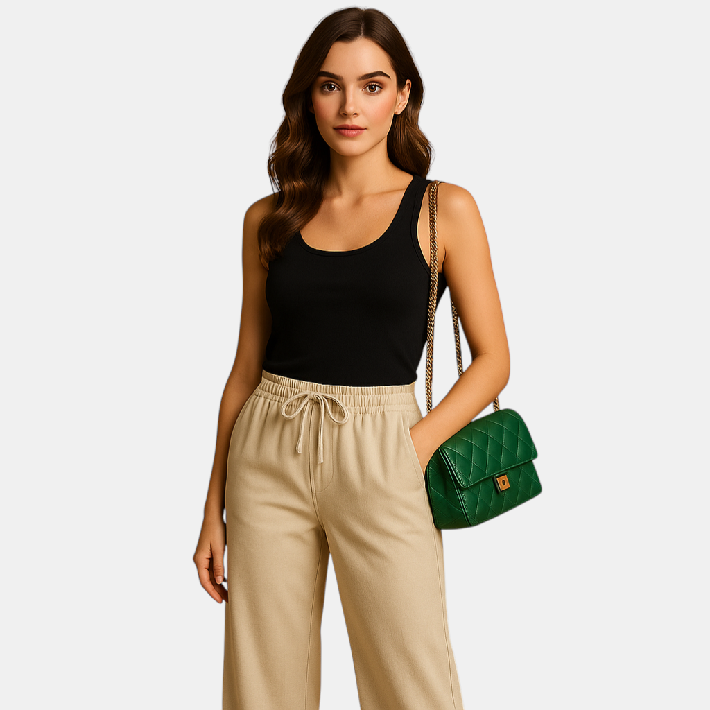 Luchtige damesbroek met elastische tailleband en losse pasvorm, geschikt voor zomerse casual of chique outfits.