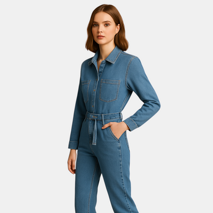 Comfortabele dames jumpsuit van denim met rechte pijpen en lange mouwen, ideaal voor dagelijks gebruik in elk seizoen.