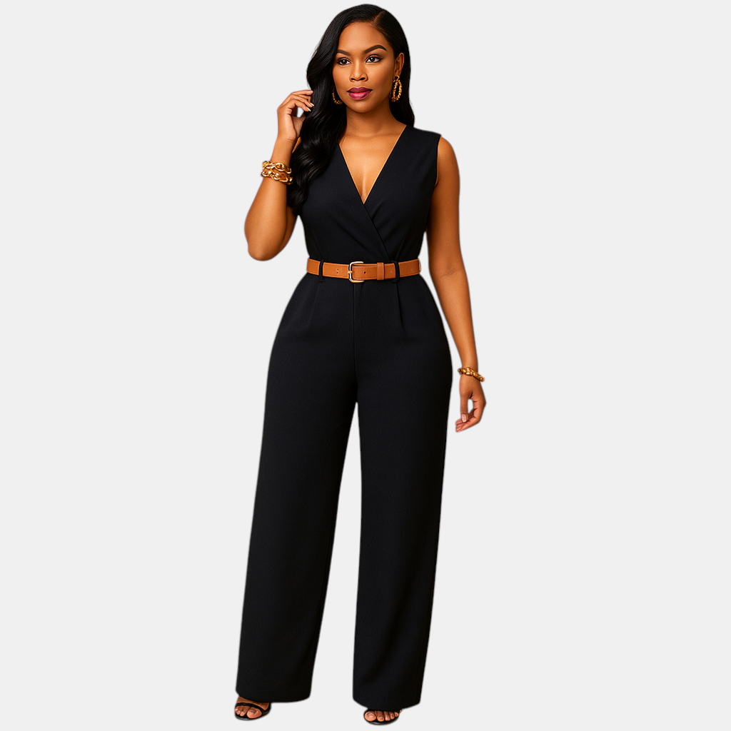 Stijlvolle dames jumpsuit met diepe V-hals en hoge taille, gemaakt van soepel en luxueus materiaal. Perfect voor feestjes en elegante avonden.