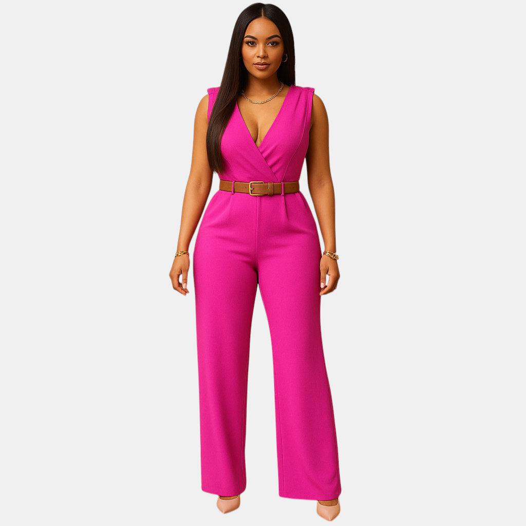 Stijlvolle dames jumpsuit met diepe V-hals en hoge taille, gemaakt van soepel en luxueus materiaal. Perfect voor feestjes en elegante avonden.