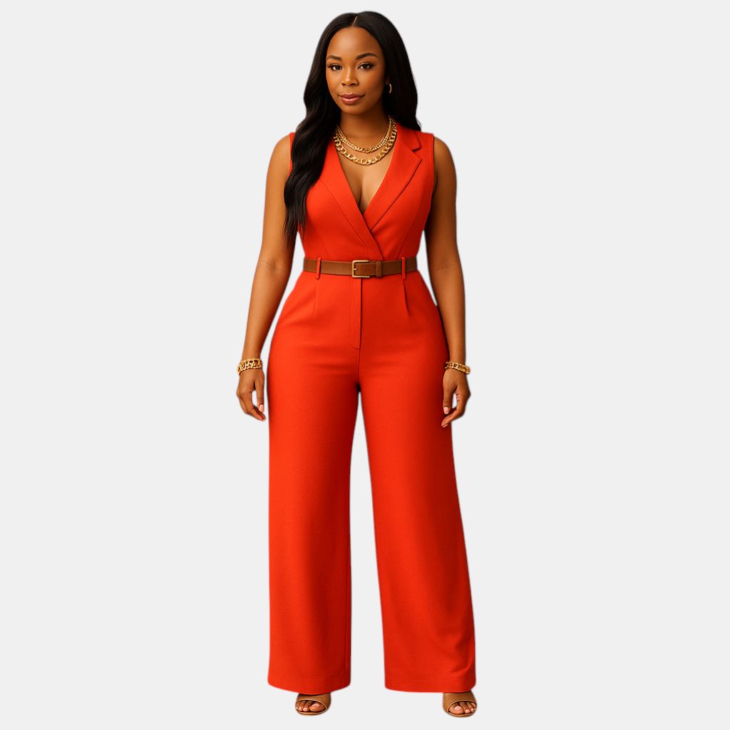 Stijlvolle dames jumpsuit met diepe V-hals en hoge taille, gemaakt van soepel en luxueus materiaal. Perfect voor feestjes en elegante avonden.
