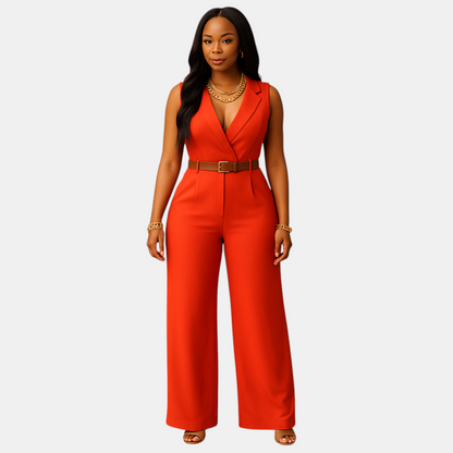 Stijlvolle dames jumpsuit met diepe V-hals en hoge taille, gemaakt van soepel en luxueus materiaal. Perfect voor feestjes en elegante avonden.