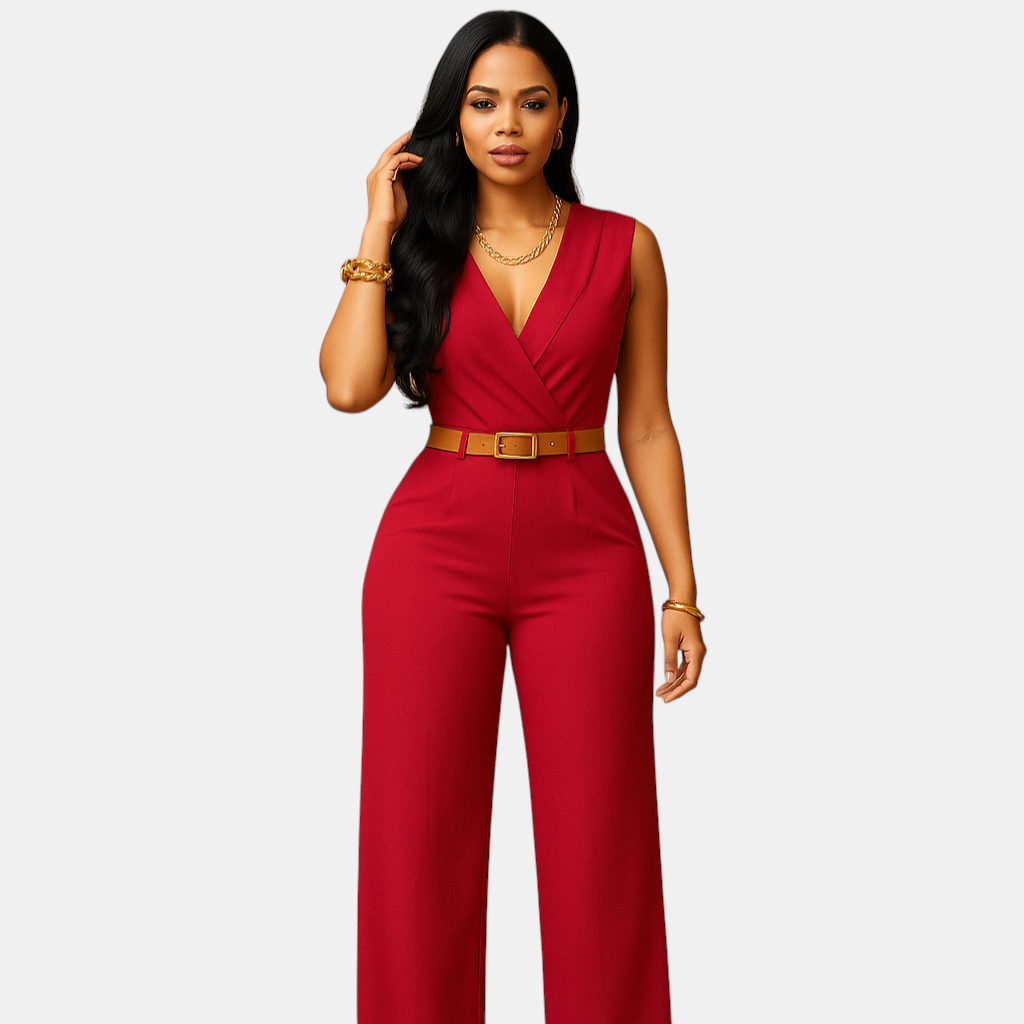 Stijlvolle dames jumpsuit met diepe V-hals en hoge taille, gemaakt van soepel en luxueus materiaal. Perfect voor feestjes en elegante avonden.