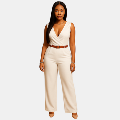 Stijlvolle dames jumpsuit met diepe V-hals en hoge taille, gemaakt van soepel en luxueus materiaal. Perfect voor feestjes en elegante avonden.