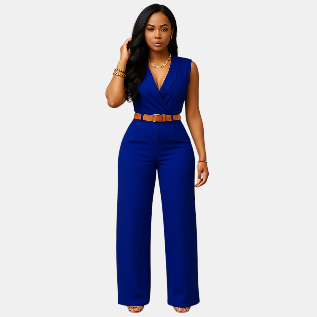 Stijlvolle dames jumpsuit met diepe V-hals en hoge taille, gemaakt van soepel en luxueus materiaal. Perfect voor feestjes en elegante avonden.