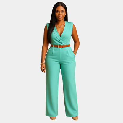 Stijlvolle dames jumpsuit met diepe V-hals en hoge taille, gemaakt van soepel en luxueus materiaal. Perfect voor feestjes en elegante avonden.