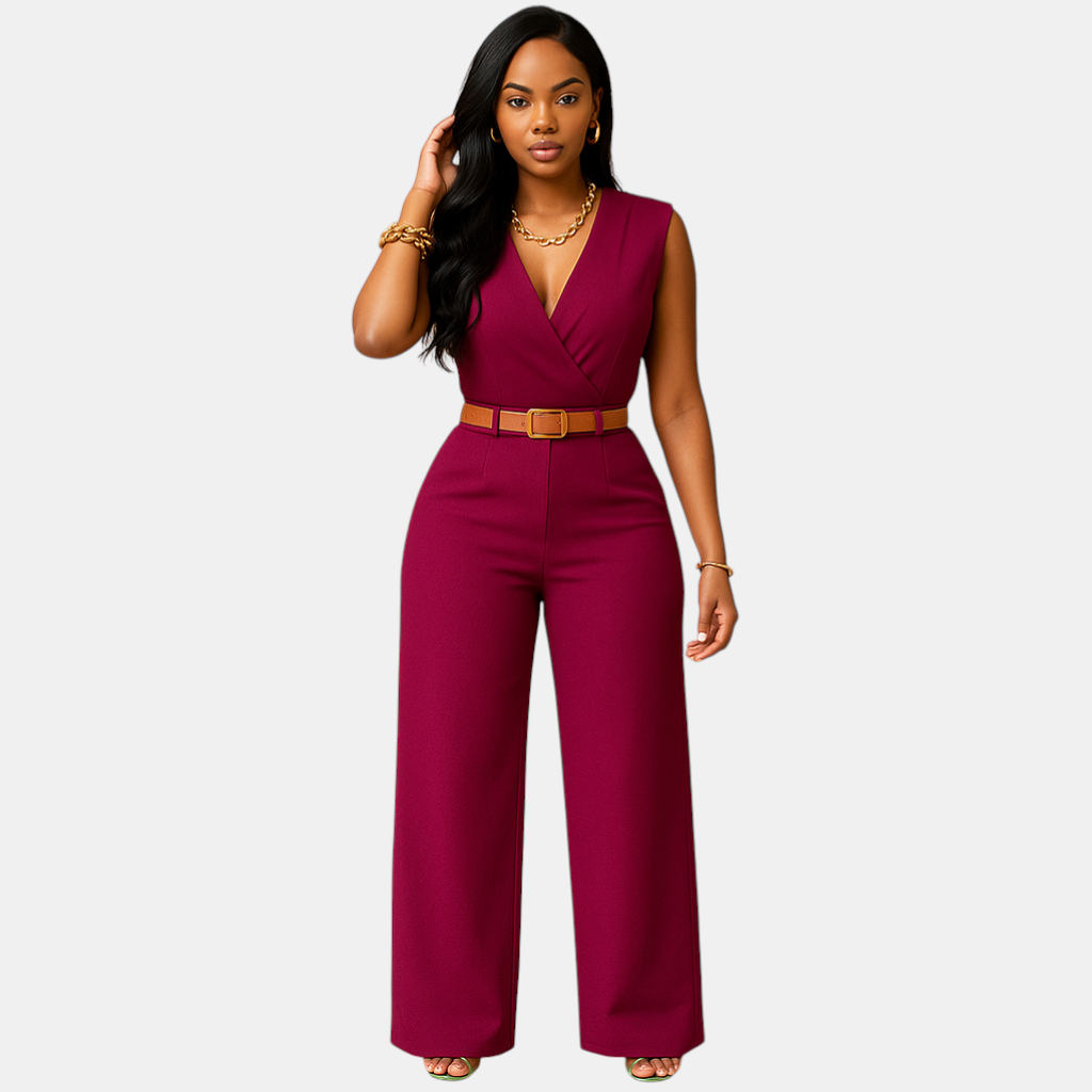 Stijlvolle dames jumpsuit met diepe V-hals en hoge taille, gemaakt van soepel en luxueus materiaal. Perfect voor feestjes en elegante avonden.
