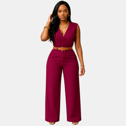 Stijlvolle dames jumpsuit met diepe V-hals en hoge taille, gemaakt van soepel en luxueus materiaal. Perfect voor feestjes en elegante avonden.