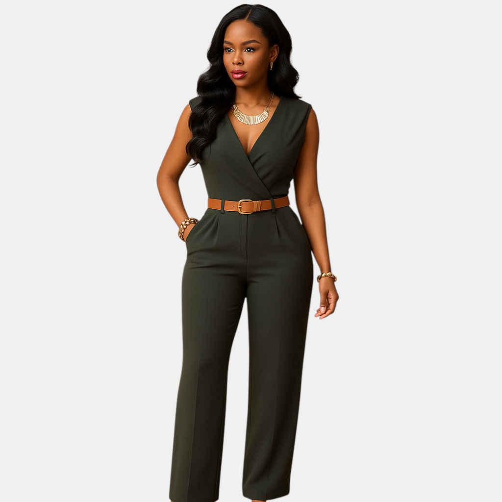 Stijlvolle dames jumpsuit met diepe V-hals en hoge taille, gemaakt van soepel en luxueus materiaal. Perfect voor feestjes en elegante avonden.