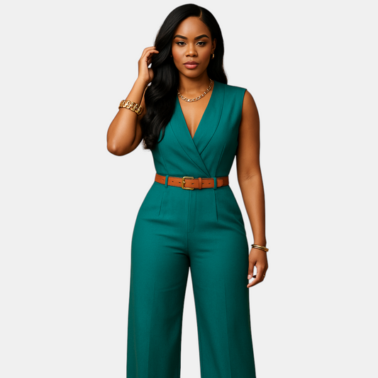 Stijlvolle dames jumpsuit met diepe V-hals en hoge taille, gemaakt van soepel en luxueus materiaal. Perfect voor feestjes en elegante avonden.