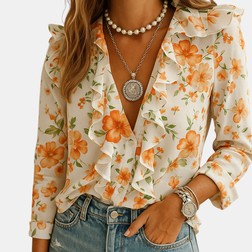 Dames blouse met ruches en vlinderprint, lange mouwen en vrouwelijke pasvorm – geschikt voor werk en casual gelegenheden