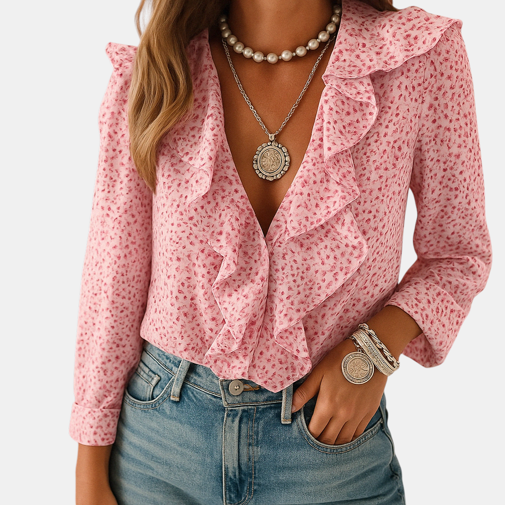 Dames blouse met ruches en vlinderprint, lange mouwen en vrouwelijke pasvorm – geschikt voor werk en casual gelegenheden
